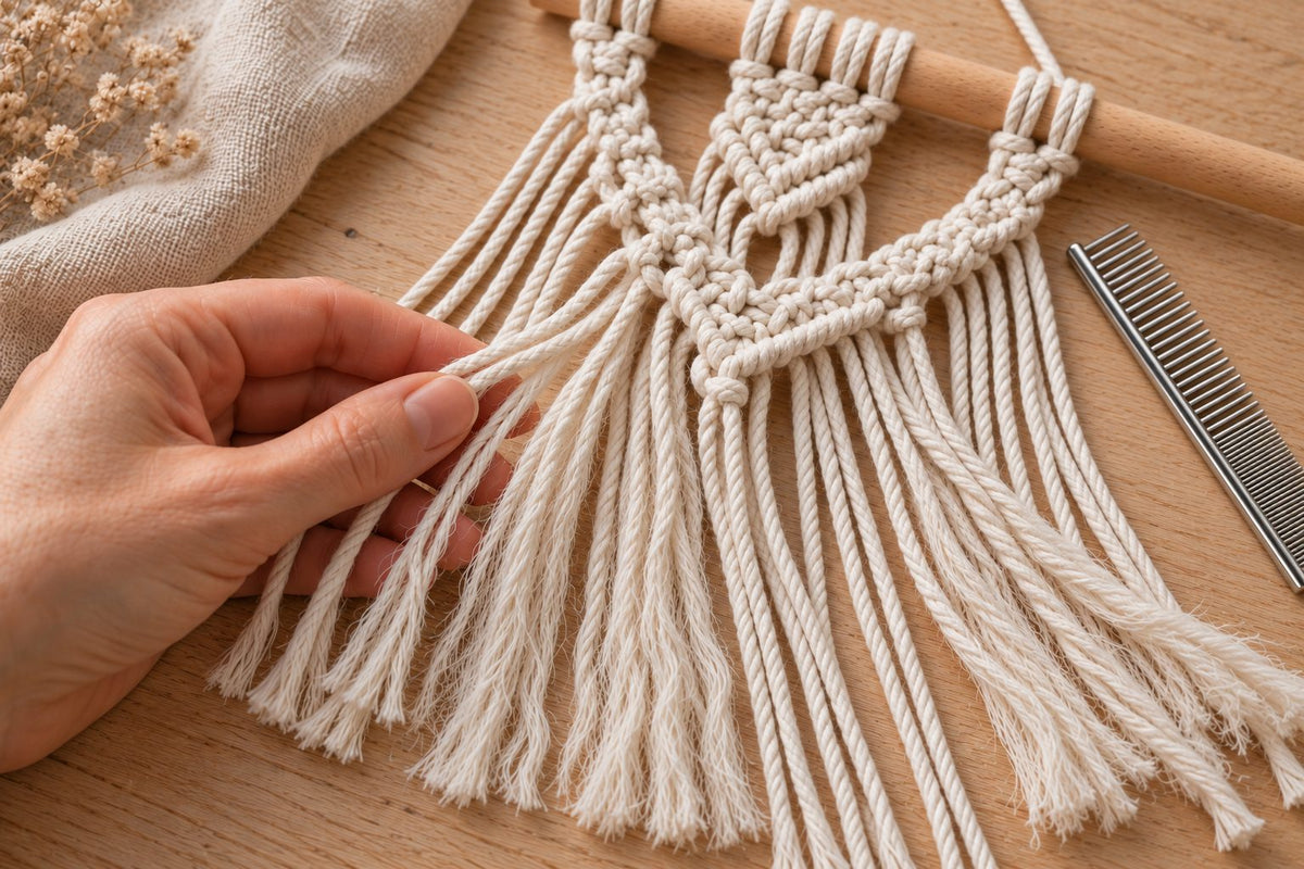 Brushing out 3-ply macrame cord ends into fringe