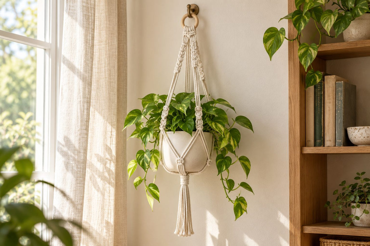 Macrame plant hanger holding a pothos by a sunny window
