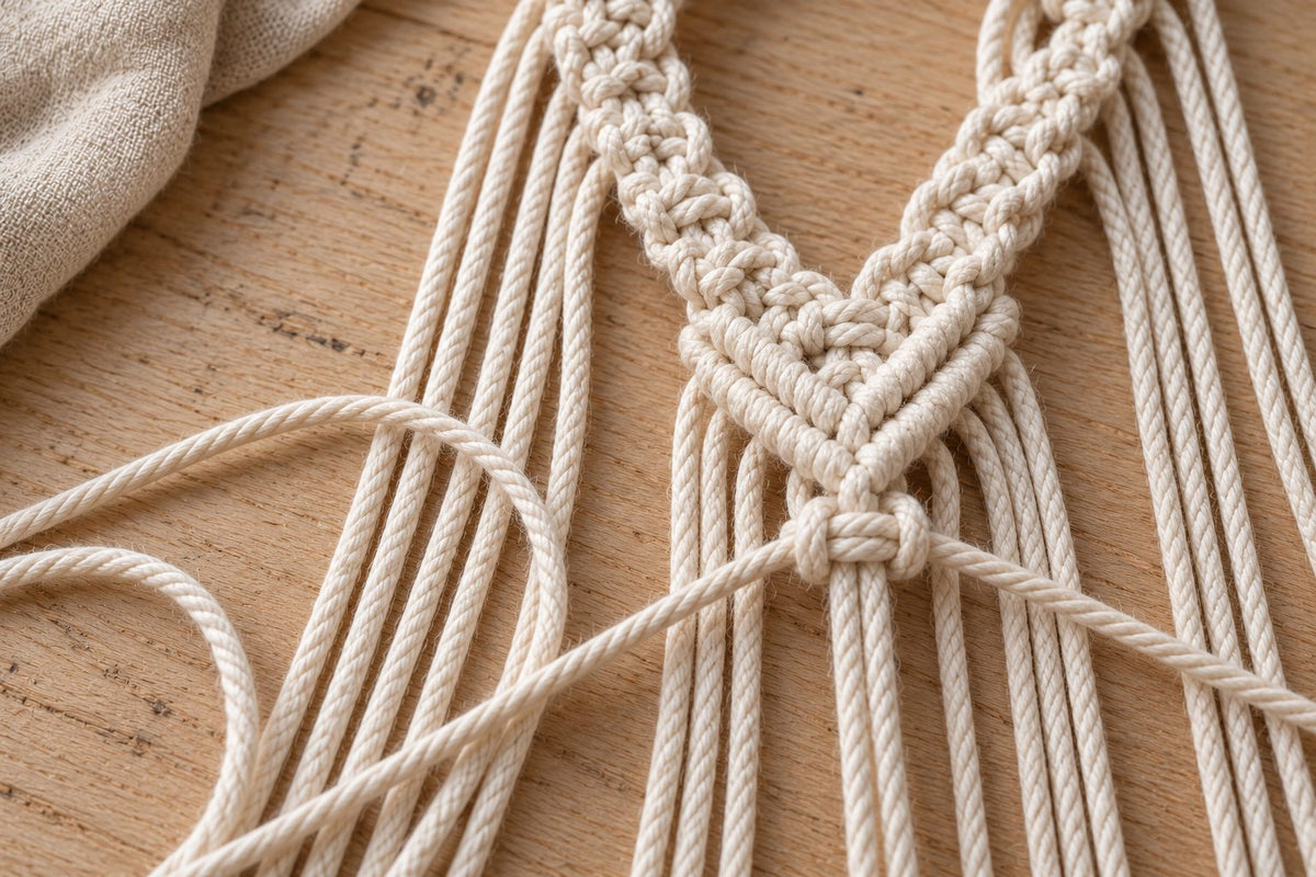 Close-up of a twisted 3-ply macrame cord knot