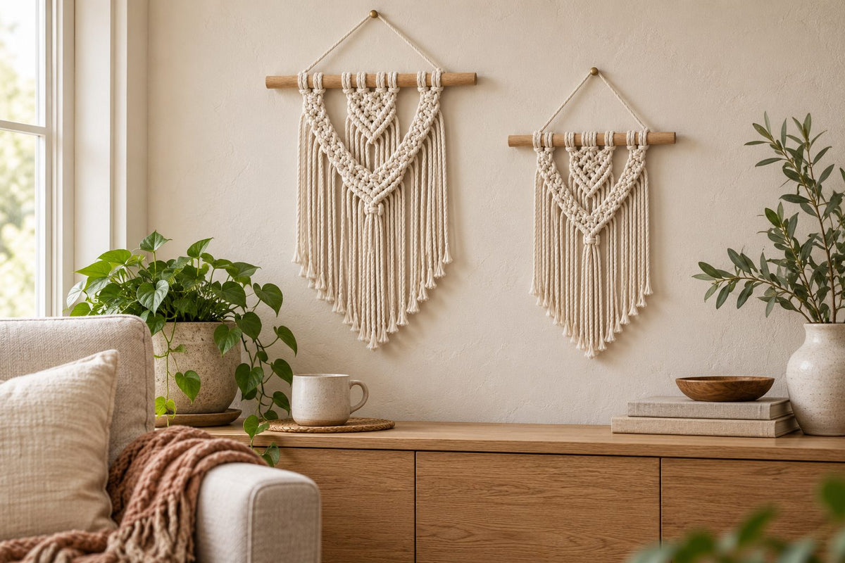 Two 3-ply macrame wall hangings in a living room