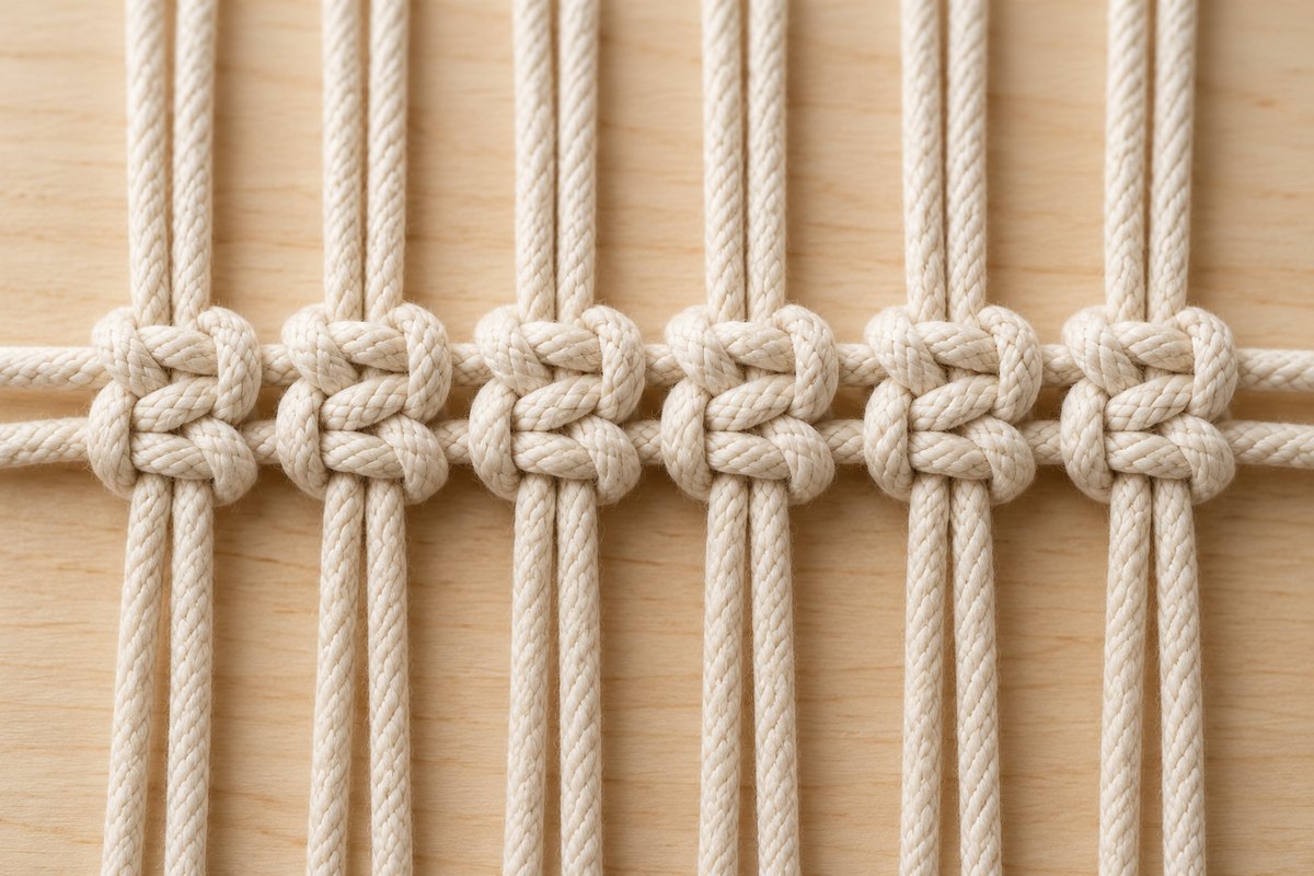 Row of neat square knots in natural braided cord
