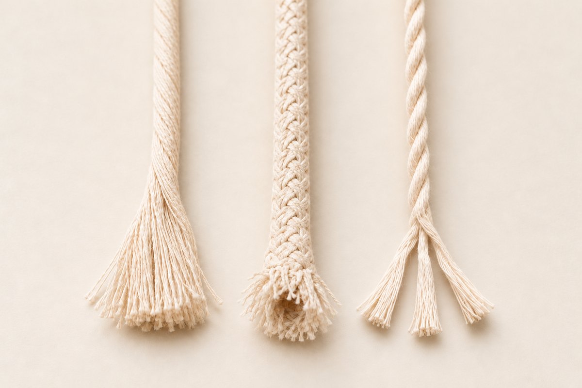 Cord ends compared: single strand frays, braided stays neat and hollow, 3-ply
