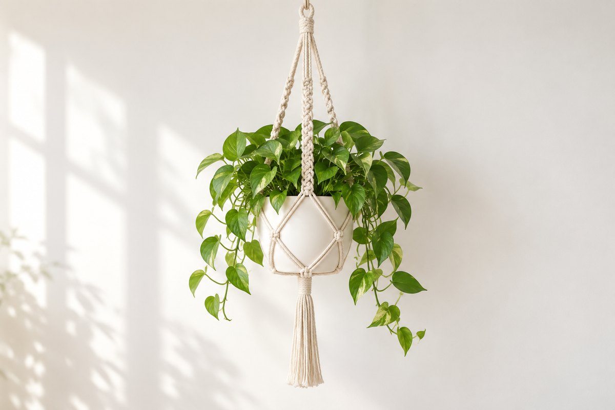 Braided cord plant hanger holding a potted plant