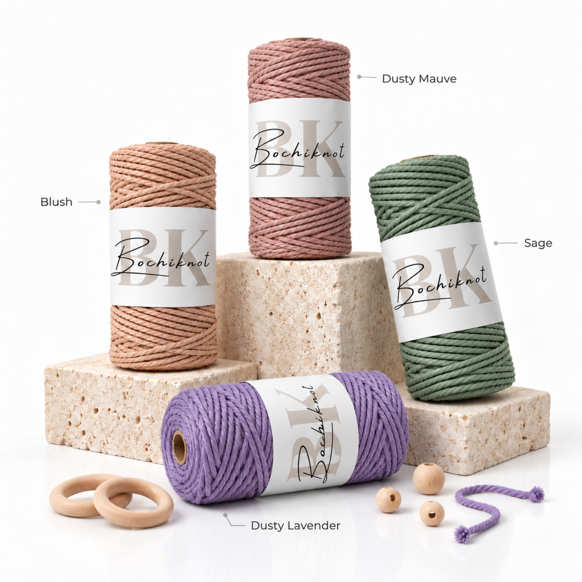 3-Ply Macrame Cord Petite 100m – Blush, Dusty Mauve, Sage & Dusty Lavender