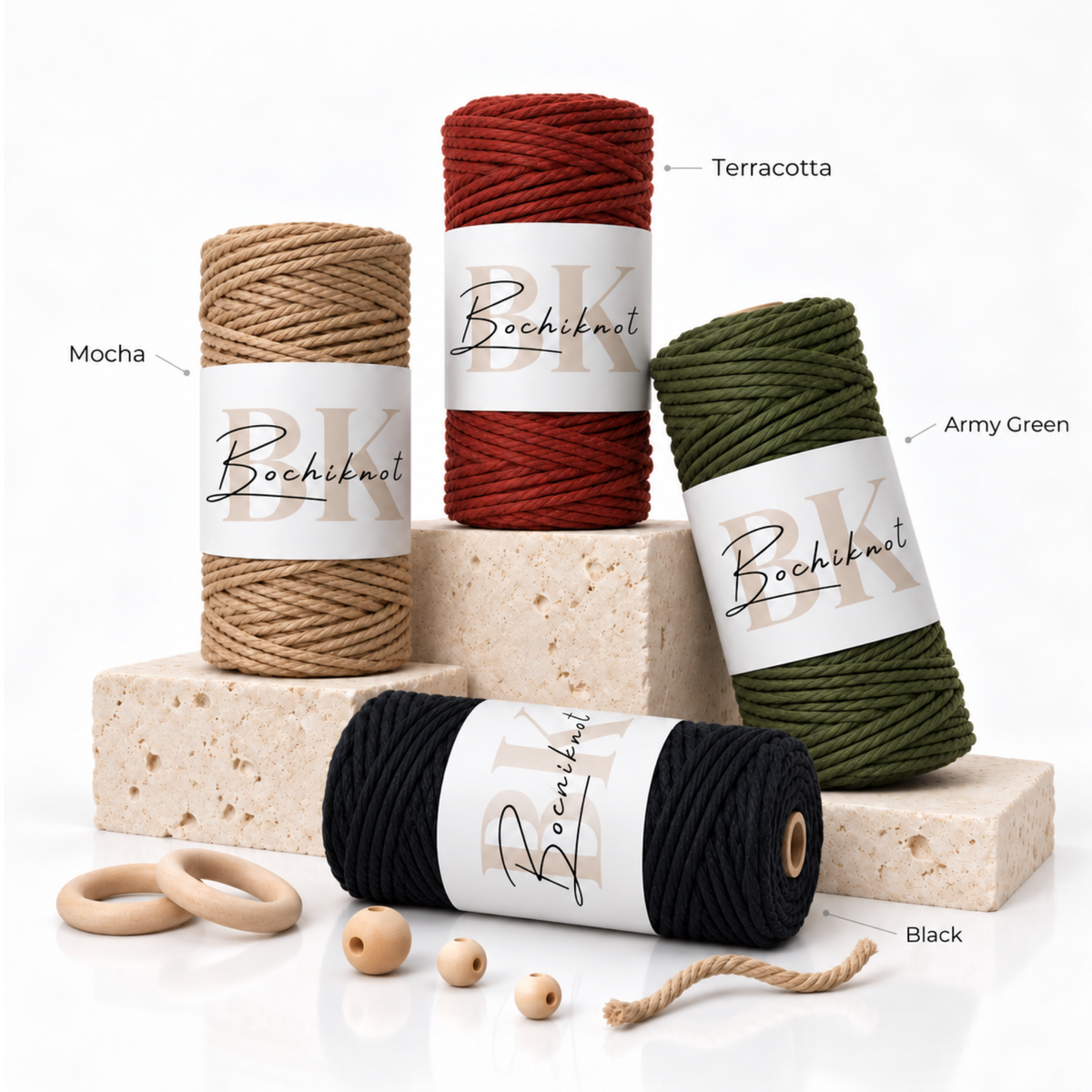 3-Ply Macrame Cord Petite 100m – Mocha, Terracotta, Army Green & Black