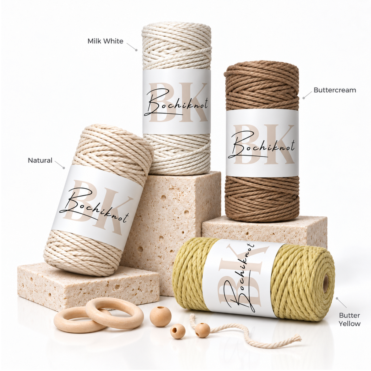 3-Ply Macrame Cord Petite 100m – Milk, Natural, Buttercream & Butter Yellow
